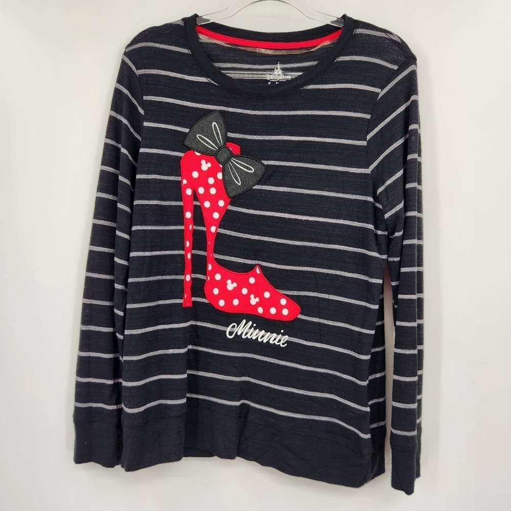 Disney Parks Minnie Mouse High Heel Sweater Womens Size Large Black Striped Thin